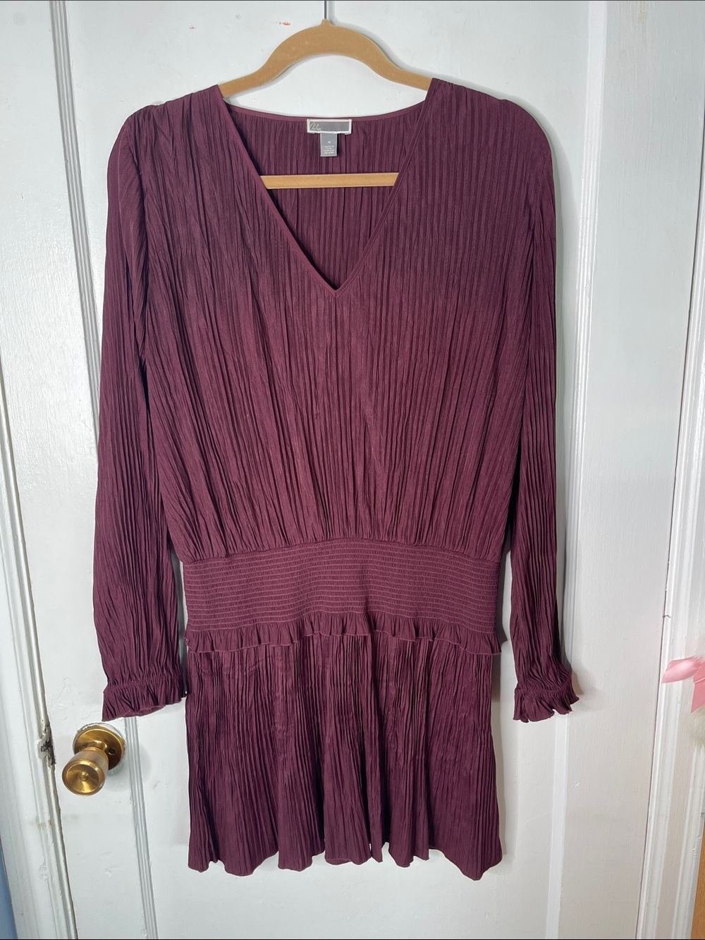 Chelsea 28 Dress Burgundy Merlot Wine Medium Long Sleeves Smocked Waist Mini